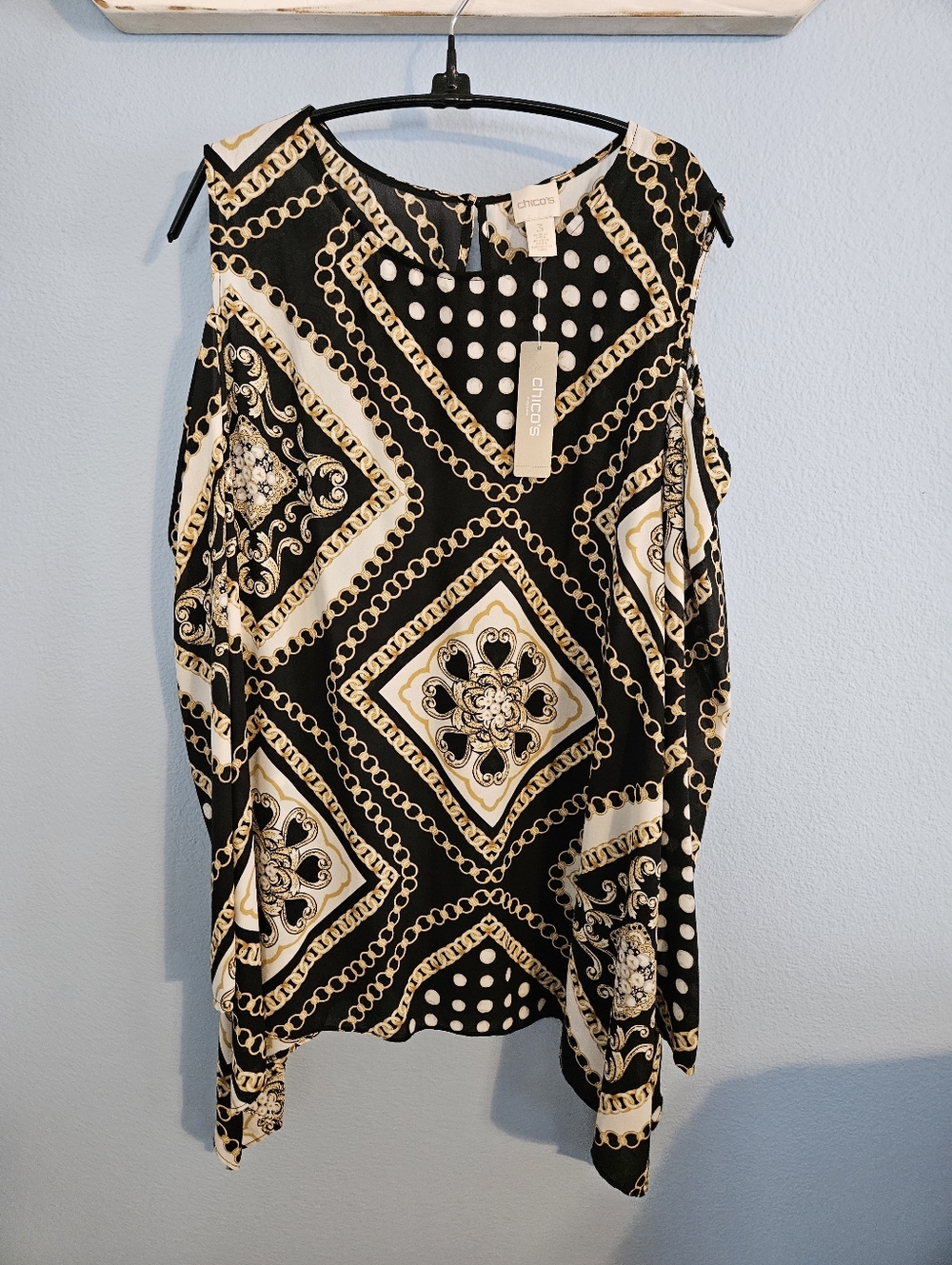 Chico's Black Sleeveless Blouse with Cream & Gold Chain Print